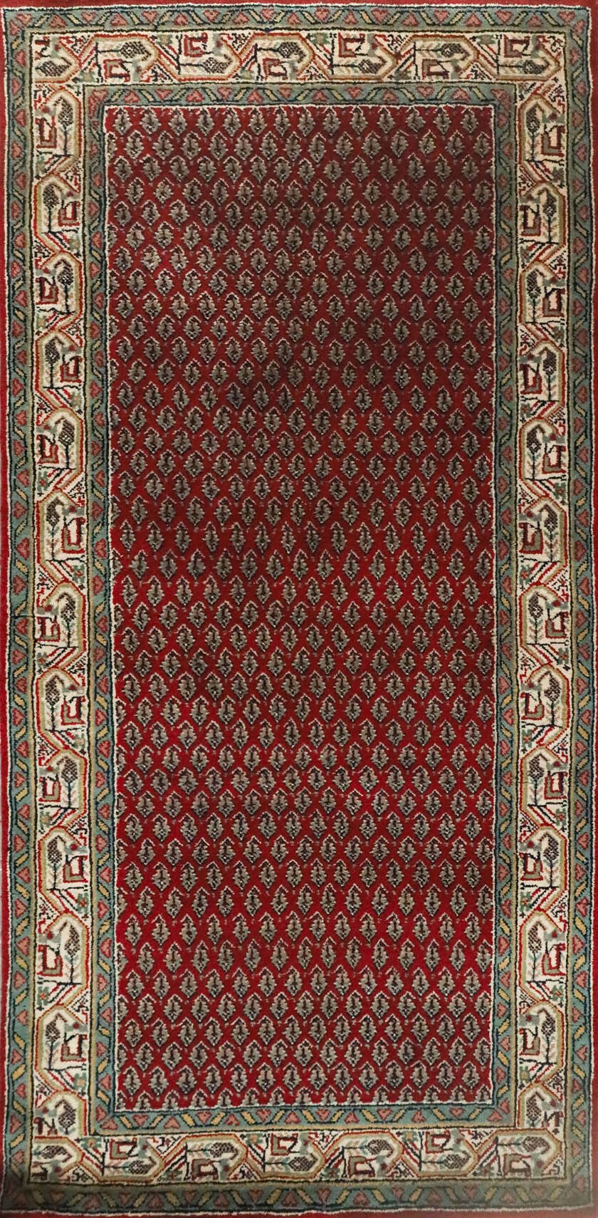 Alfombra fina Mir roja y crema, hecha a mano, de 70 x 140 cm