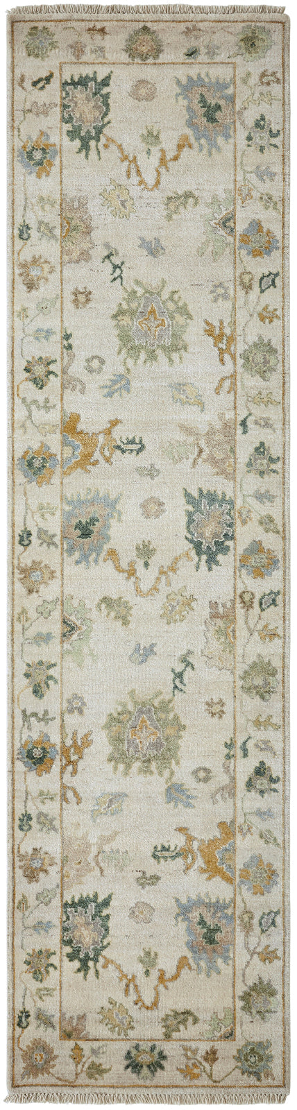 Adana AA905 Alfombra vintage en mezcla de lana y seda color crudo y verde