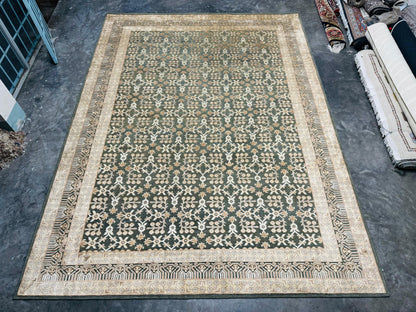 Khotan Green Gold Hand-Knotted Wool and Silk Vintage Finish 9'x12' Custom Rug