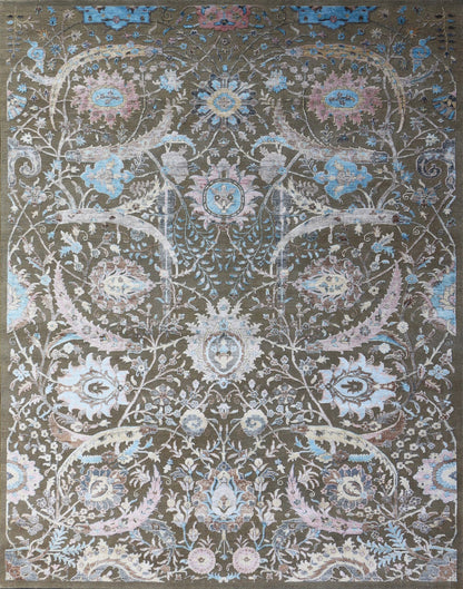 Grey Indo Fine Handmade Wool & Silk Oxidized 9'x12' Rug