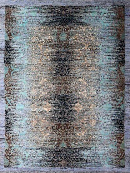 Blue Textured Fine Handmade Wool & Silk 6'x8' Rug