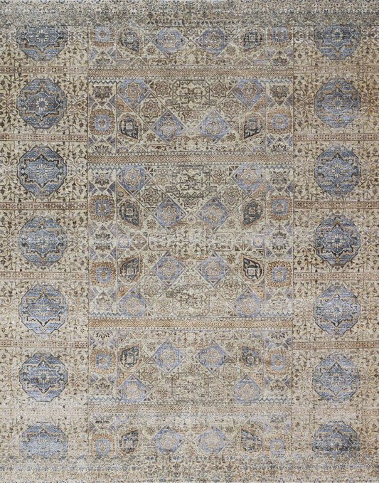 Beige Traditional Fine Handmade Wool & Silk Oxidized 8'x10' Rug