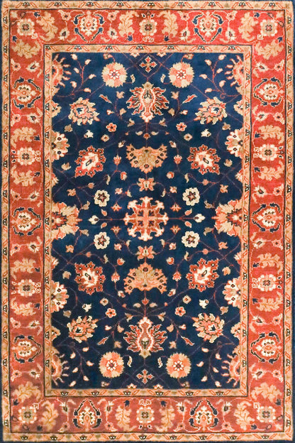 Sultanabad Blue & Rust Fine Handmade 4'4"x6'6" Rug