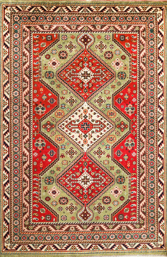 Seraz Green Fine Handmade Traditional 4'6"x6'9" Rug