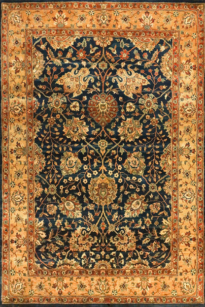 Moghul Shah Blue & Gold Fine Handmade Vegetable Dyed 4'8"x6'6" Rug