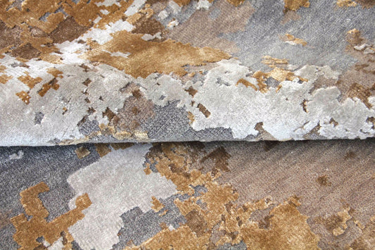 Modern Grey Copper Beige Hand-Knotted Wool and Silk 9'x12' Custom Rug