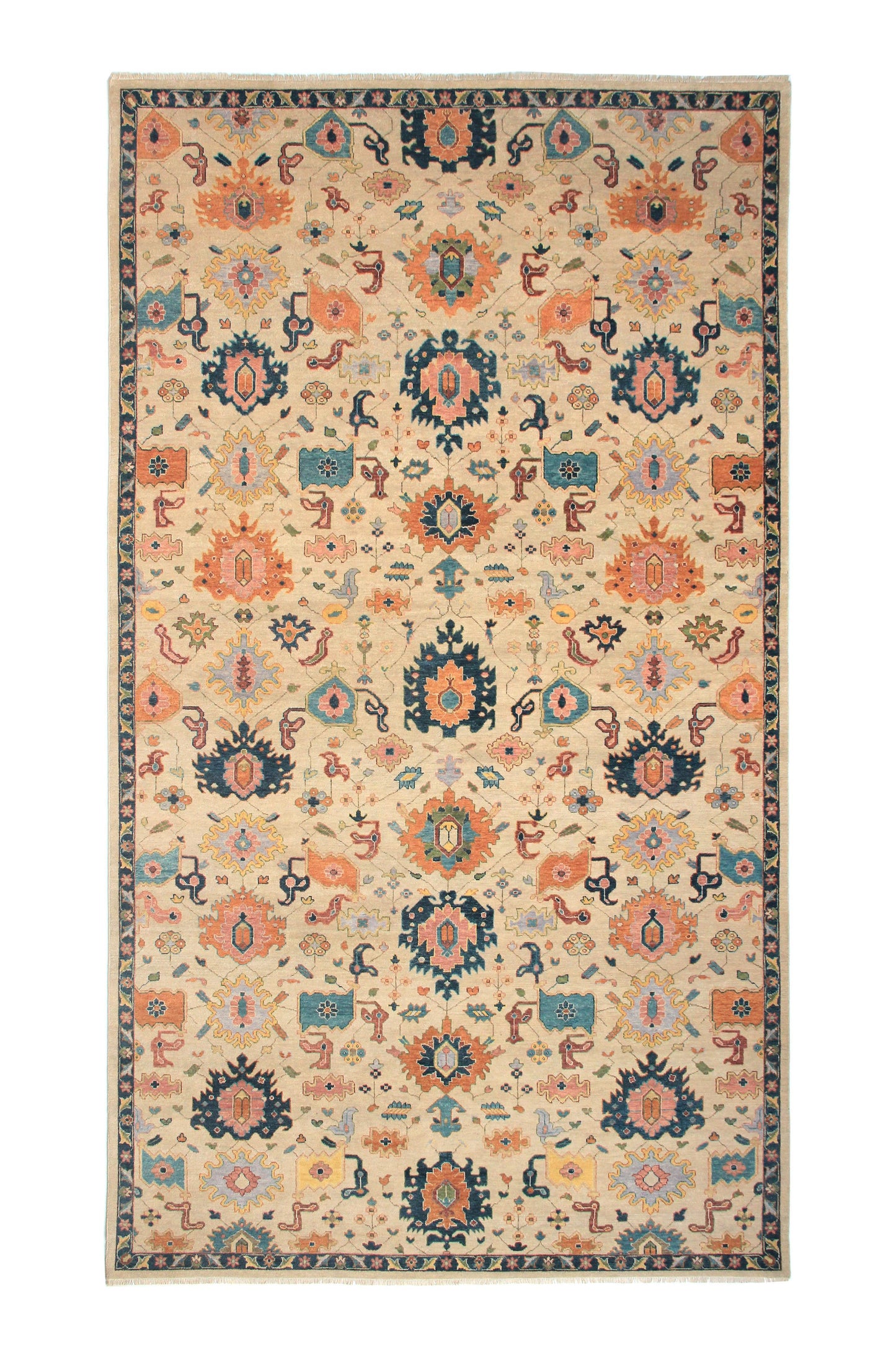 Custom hand-knotted wool rug, 10x17, Mahal design, Cassim Rug Gallery. A hand-knotted wool rug with an intricate geometric pattern in beige, blue, and red hues.