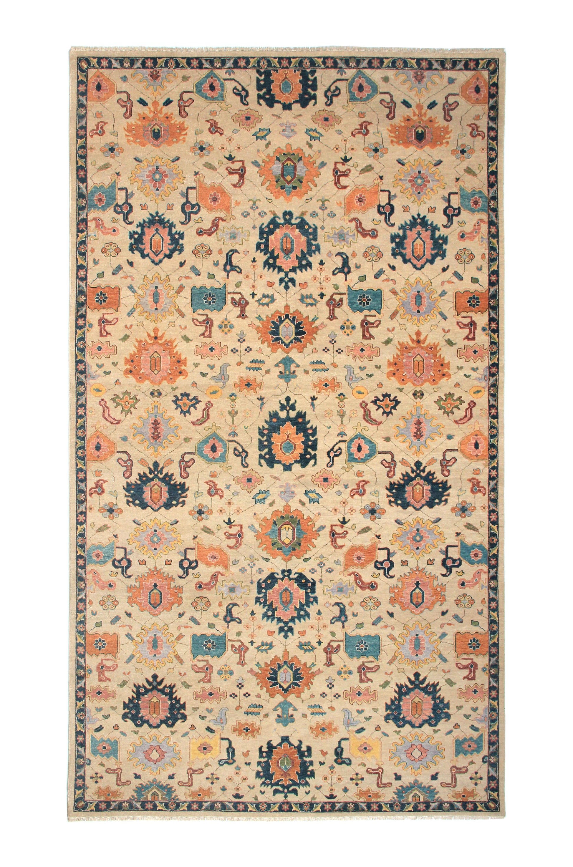 Custom hand-knotted wool rug, 10x17, Mahal design, Cassim Rug Gallery. A hand-knotted wool rug with an intricate geometric pattern in beige, blue, and red hues.