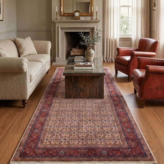 A traditional oriental area rug with a red, blue, and beige pattern is styled in a classic living room with hardwood floors