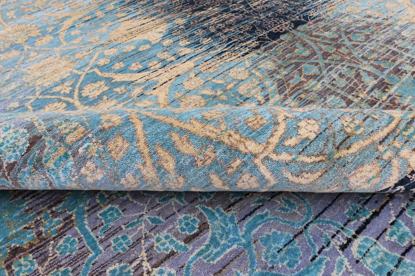 Blue Textured Fine Handmade Wool & Silk 6'x8' Rug