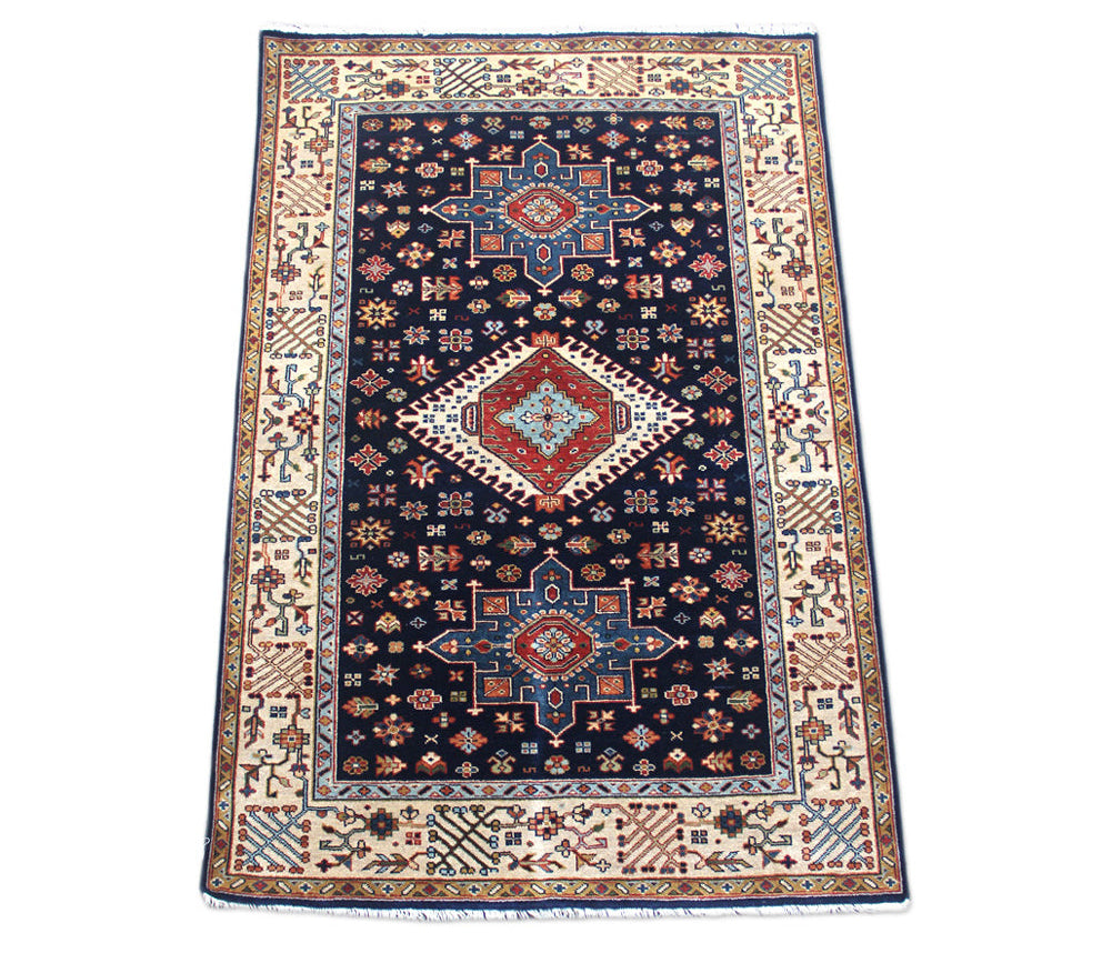 Karajeh Navy/Cream New Zealand Wool Fine Hand-knotted Oriental Rug