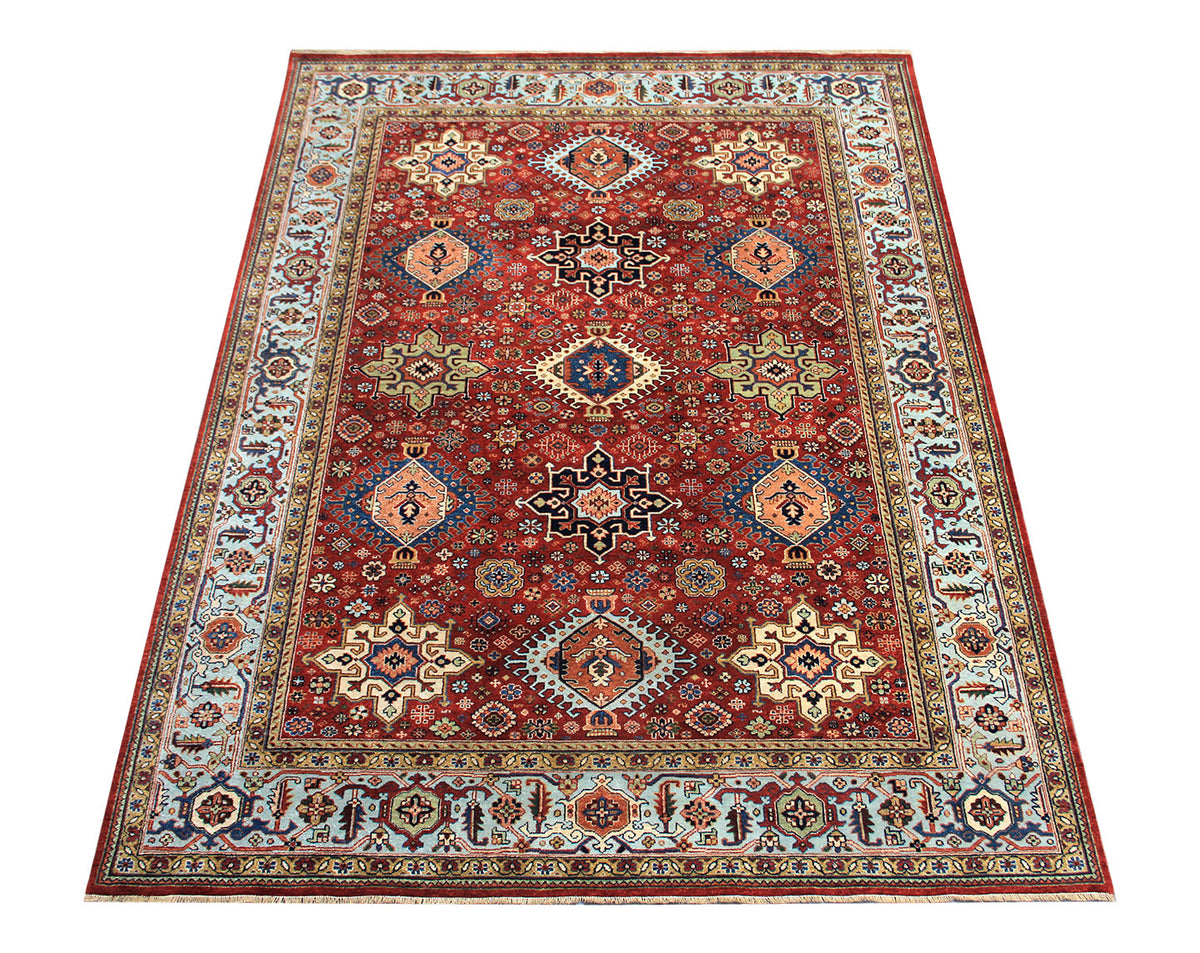 Karajeh Rust/Light Blue New Zealand Wool Fine Hand-knotted Oriental Rug
