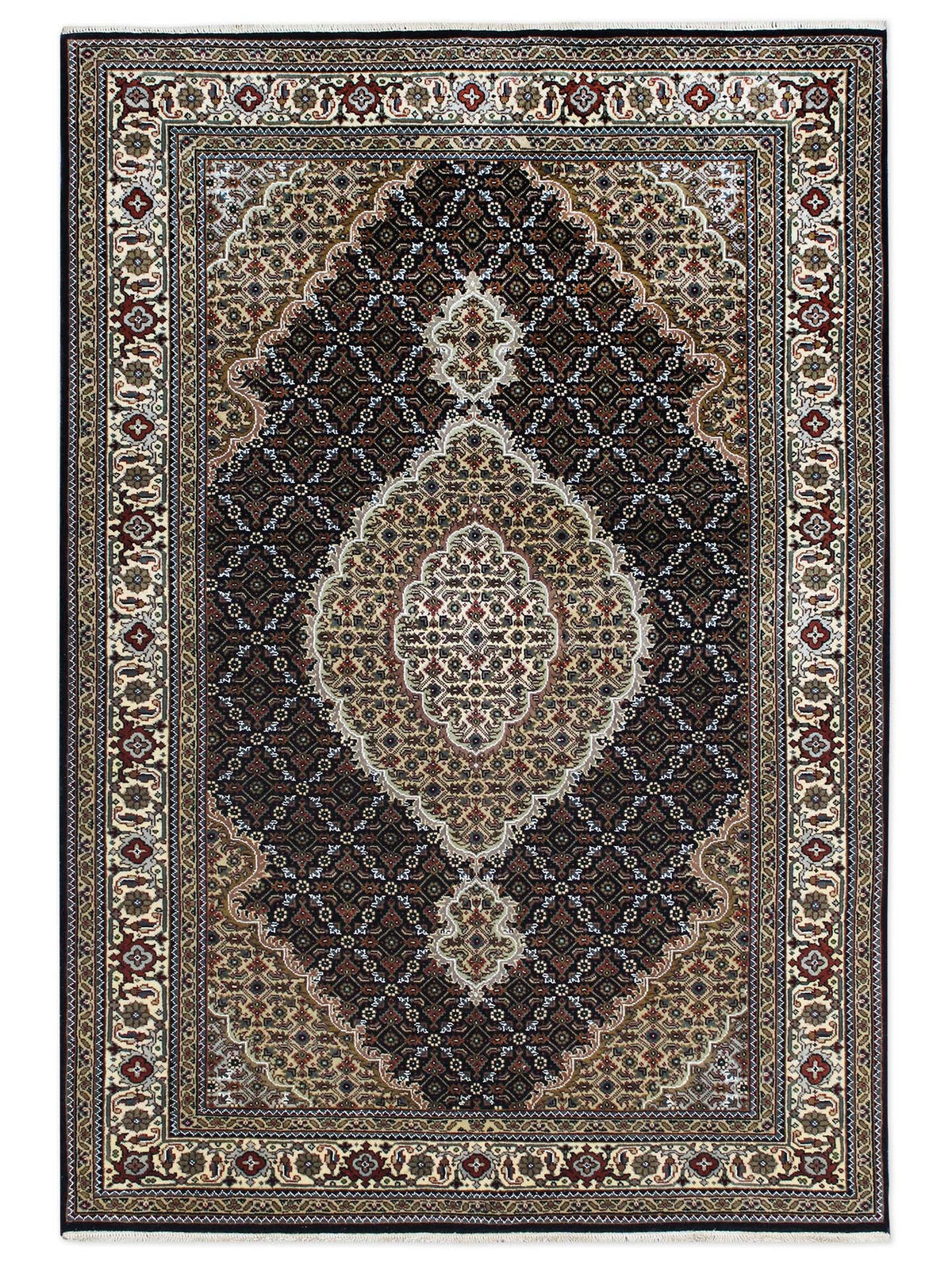Mahi Bijar Black/Cream New Zealand Wool Fine Hand-knotted Oriental Rug