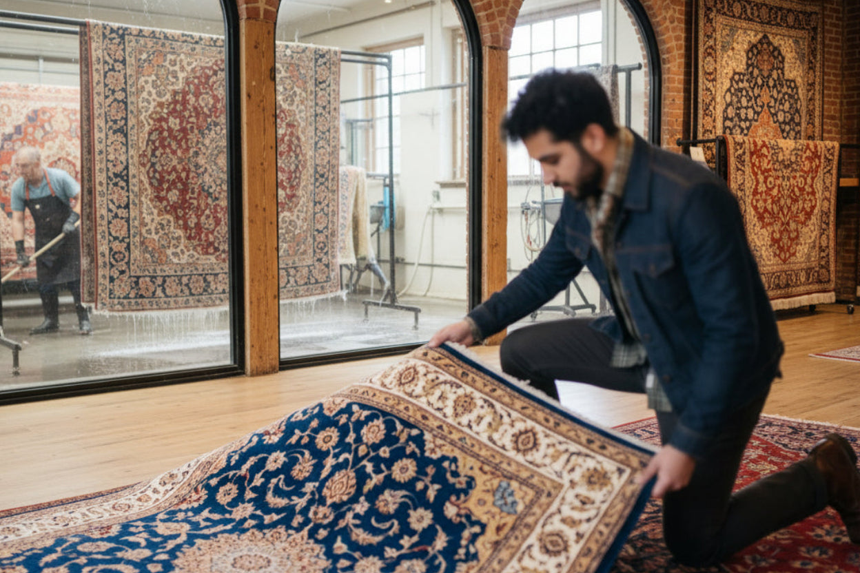 Professional rug cleaning — hand-washing a wool rug