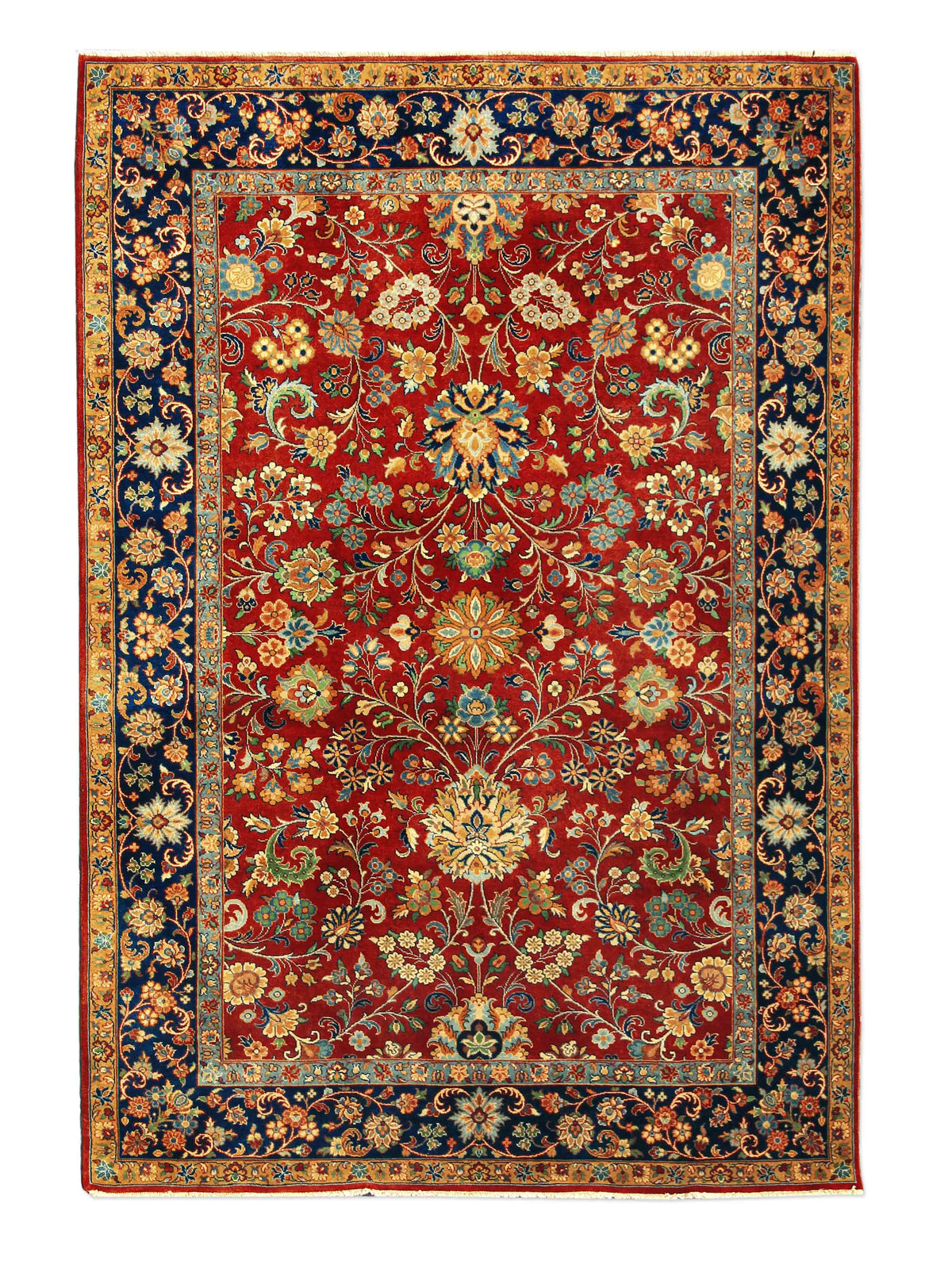 Sarouk Red/Navy/Light Gold New Zealand Wool Fine Hand-knotted Oriental Rug