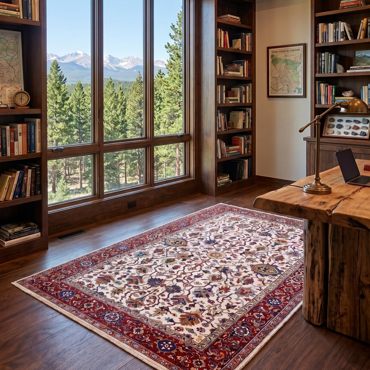 A traditional oriental area rug with a red border and cream floral pattern is displayed on a dark wood floor in a cozy, book-filled home office with a large window overlooking pine trees and mountains.