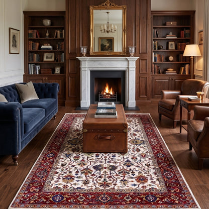 A large traditional oriental area rug with a red border and cream center is displayed in a beautifully styled living room with a fireplace, bookshelves, a blue sofa, and leather armchairs.