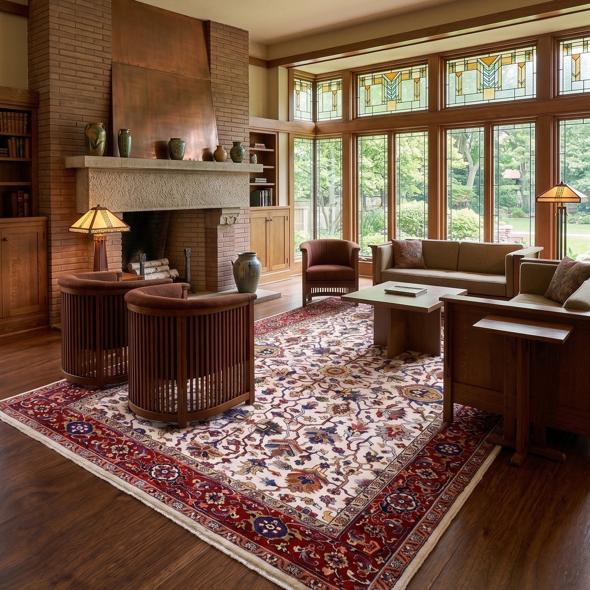 A large traditional oriental area rug with a red border and cream floral field, styled in a classic early 20th-century home living room with wood furniture, a brick fireplace, and stained glass windows.