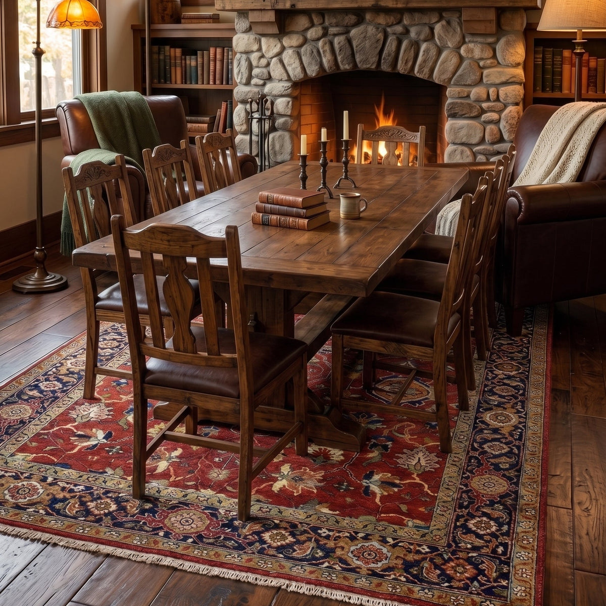 A rustic dining room scene featuring a dark wood rectangular dining table and matching wooden chairs on a red and blue patterned area rug, set in front of a large stone fireplace with a lit fire.