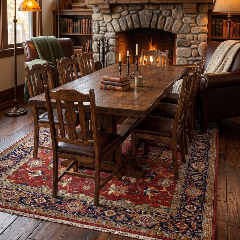 A rustic dining room scene featuring a dark wood rectangular dining table and matching wooden chairs on a red and blue patterned area rug, set in front of a large stone fireplace with a lit fire.
