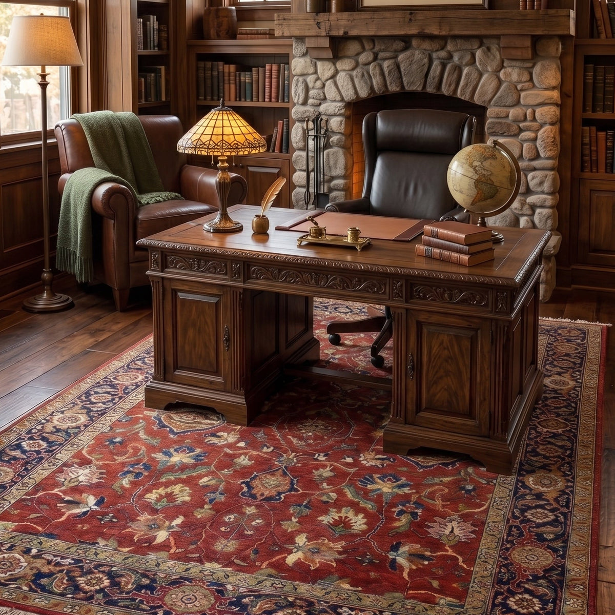 A large traditional oriental area rug in red, navy, and gold tones is styled in a classic wood-paneled study with a dark wood desk, leather chair, stone fireplace, and bookshelves.