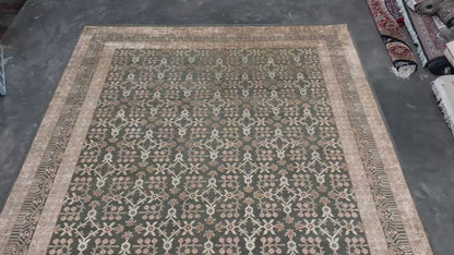 Khotan Green Gold Hand-Knotted Wool and Silk Vintage Finish 9'x12' Custom Rug